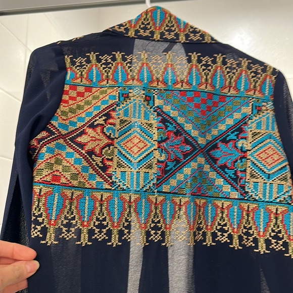 Navy blue embroidered long sleeve open Abaya with matching belt - Picture 4 of 5